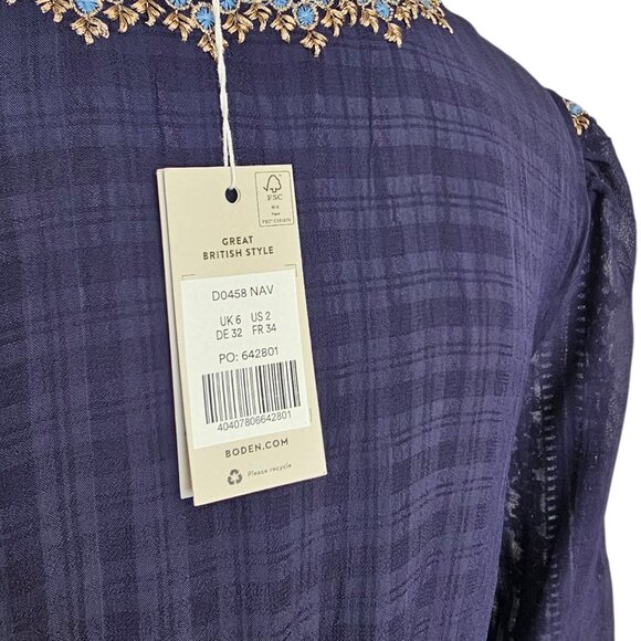Boden Embroidered V-Neck Midi Dress, Navy, Long Sleeve, Feminine, Size 2 - Picture 10 of 10